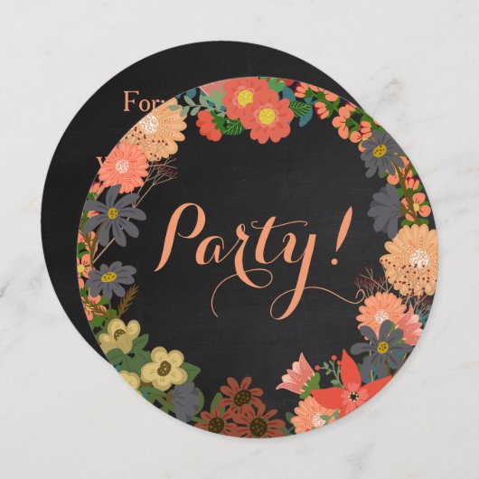 Blume zur Party Einladung der Black Chalkboard Rou (Vorne/Hinten)