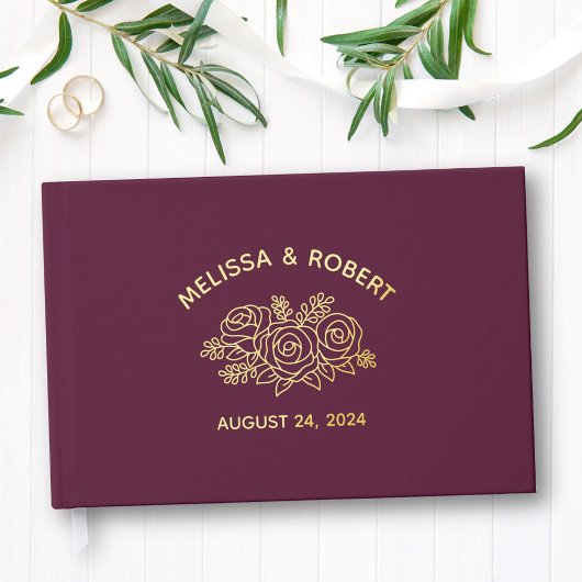 Blume zur Rose von Gold Foil auf Burgund Wedding Gästebuch