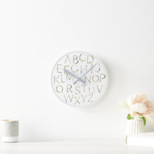 Blumen-ABC-Alphabet-Leinwand-Wandbild  Runde Wanduhr
