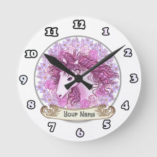 Blumen-Alpha-Einhorn-Uhr Runde Wanduhr