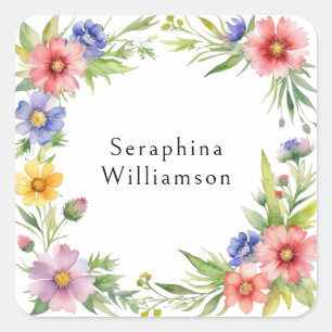 Blumen-Aquarell-Botanik-Personalisierter Name Quadratischer Aufkleber