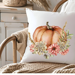 Blumen-Aquarell Herbst-Kürbis Kissen