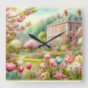 Blumen-Aquarell in zarten Pastellfarben quadratisc Quadratische Wanduhr