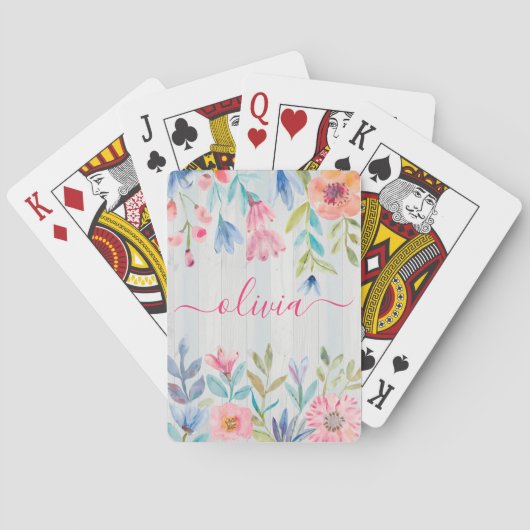 Blumen-Aquarell-rustikales Monogramm Spielkarten (Rückseite)