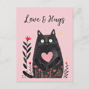 Blumen-Aquarell Schwarze Katze Liebe und Umarmunge Postkarte