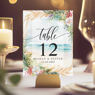 Blumen-Aquarell-Strandszene Sommerhochzeit Tischnummer