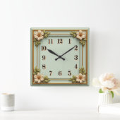 Blumen Art Deco Minze Quadratische Wanduhr (Zuhause)