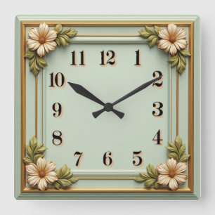 Blumen Art Deco Minze Quadratische Wanduhr