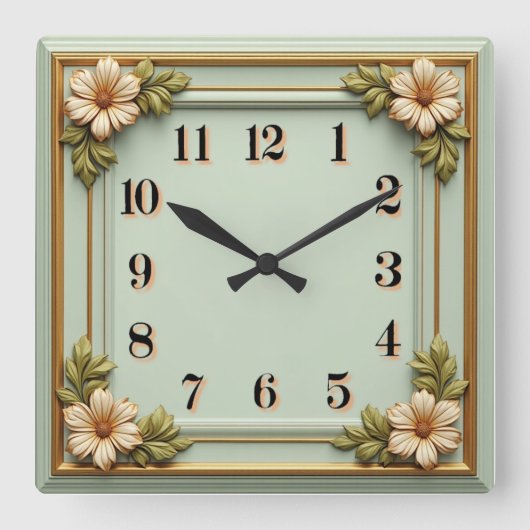 Blumen Art Deco Minze Quadratische Wanduhr (Vorderseite)