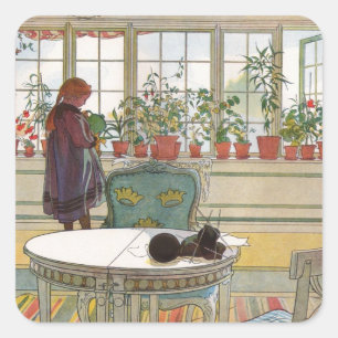 Blumen auf der Fensterbank von Carl Larsson Quadratischer Aufkleber
