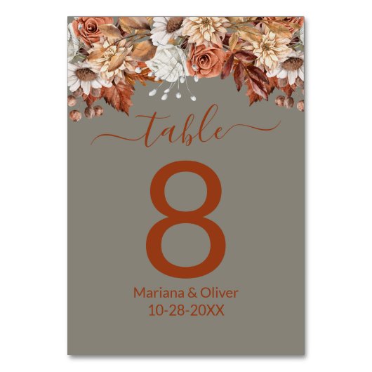Blumen auf der grauen Fall-Tischnummer Tischnummer (Rückseite)