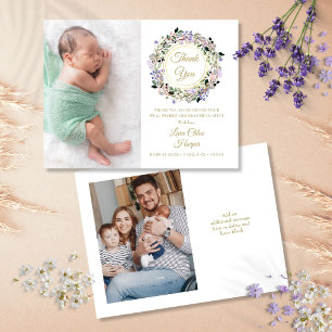 Blumen-Baby-2-Foto-Gold-Dankeschön-Geburt Ankündigungspostkarte
