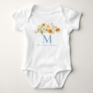Blumen-Baby-Body mit Anfangsbuchstaben Blaue Mon Baby Strampler