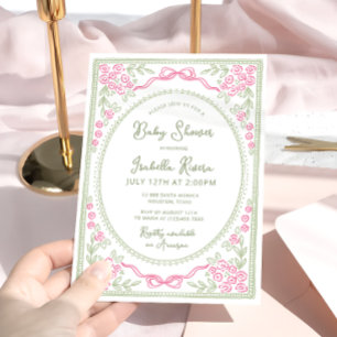Blumen-Baby-Party Rosa und Grün Einladung