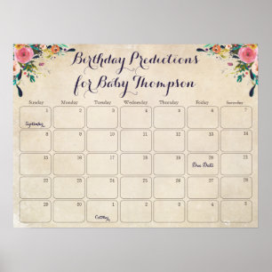 Blumen-Baby-Shower-Geburtstags-Vorhersage-Kalender Poster