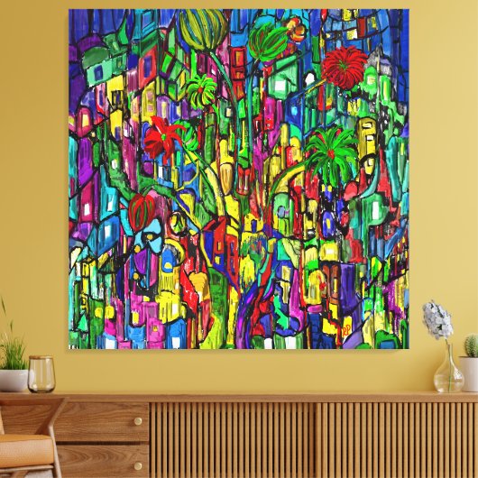 Blumen-Baum im Häusermeer. Leinwanddruck (Insitu (Wohnzimmer))