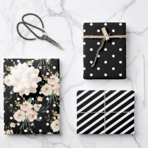Blumen-Beige-Schwarze Hochzeit Geschenkpapier Set