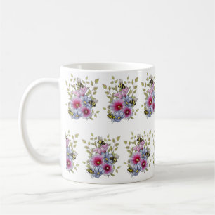Blumen & Bienen Digitale Zeichnung, rosa Stockrose Kaffeetasse