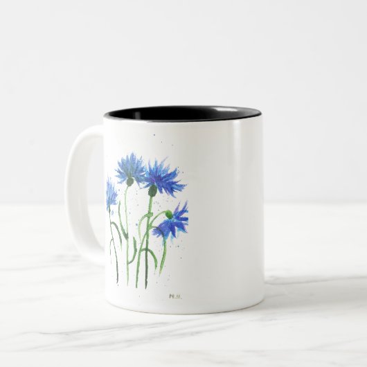 Blumen blauen Blumen Aquarell rustikal modern Zweifarbige Tasse (Vorderseite Links)