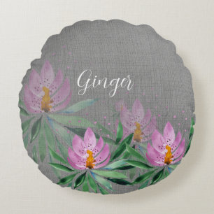 Blumen Blühen Violette Aquarellkunst Monogrammiert Rundes Kissen