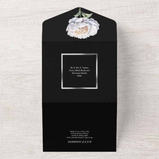 Blumen-Blume-Hochzeit in Schwarz-Silber All In One Einladung (Außenbereich)