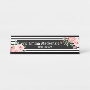 Blumen Blumen Schwarz-Weiß-Büroschreibtisch-Schild Schreibtischnamensplakette