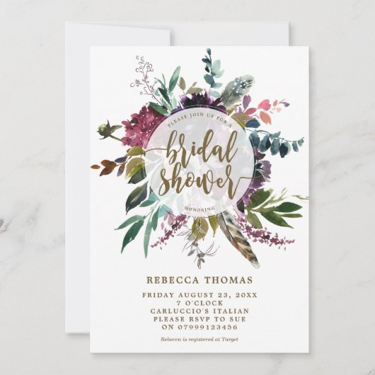 Blumen-Boho Federn Brautdusche Einladung (Vorderseite)