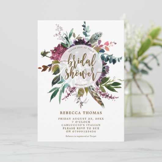 Blumen-Boho Federn Brautdusche Einladung (Stehend Vorderseite)