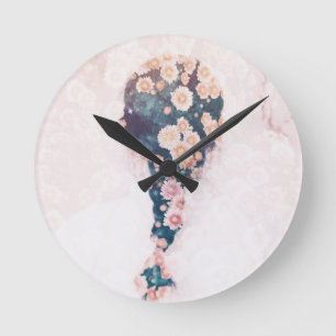 Blumen-Borten-Pastellrosa-weiße runde Wand Wanduhr