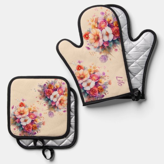 Blumen, bouquet, beige, bunt, sommerlich ofenhandschuh & Topflappen-Set (Vorderseite/Rückseite)