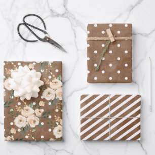 Blumen-Braun-Beige-Hochzeit Geschenkpapier Set