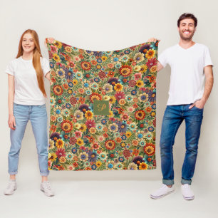 Blumen braun orange cottagecore Mustername Fleecedecke