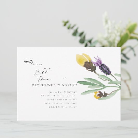 Blumen-Brautdusche Gelb & Lavendel Einladung (Stehend Vorderseite)