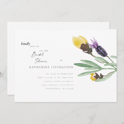 Blumen-Brautdusche Gelb & Lavendel Einladung (Vorne/Hinten)