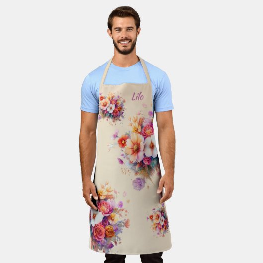 Blumen, bunt, Beige, bouquet, Name oder Monogramm Schürze (Getragen)