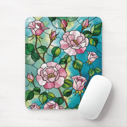Blumen-Buntglas-Effekt Rosa Blumen Botanisch Mousepad (Mit Mouse)