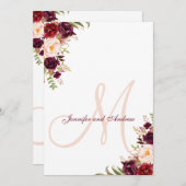 Blumen Burgunder erröten Monogramm-elegante Einladung (Vorne/Hinten)