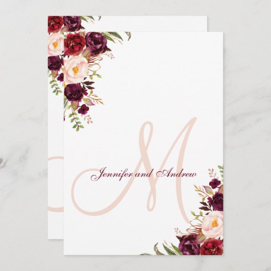 Blumen Burgunder erröten Monogramm-elegante Einladung (Vorne/Hinten)