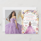 Blumen Butterfliegen Lilac Princess Quinceañera Einladung (Vorderseite)