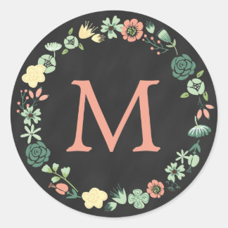BLUMEN-CHALKBOARD-MONOGRAMM RUNDER AUFKLEBER