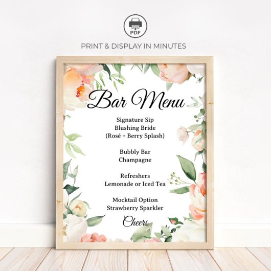 Blumen-Cocktailbar-Menü Hochzeitsdusche Schild
