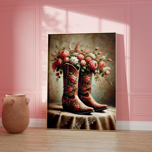 Blumen-Cowboy-Stiefel Western-Vintage-Wandkunst  Poster
