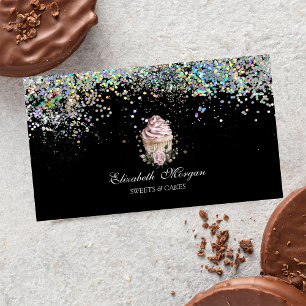 Blumen-Cupcake Bunte Konfetti, Schwarz  Visitenkarte