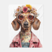 Blumen-Dachshund im Vintage-Stil Fleecedecke (Vorderseite)