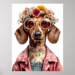 Blumen-Dachshund im Vintage-Stil Poster