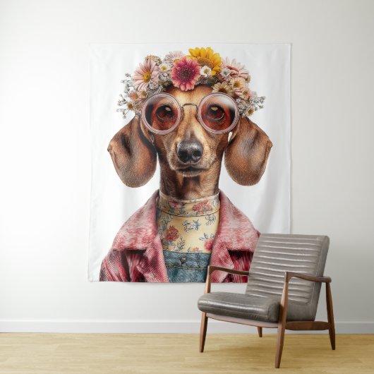 Blumen-Dachshund im Vintage-Stil Wandteppich (Beispiel)