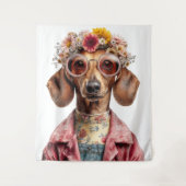 Blumen-Dachshund im Vintage-Stil Wandteppich (Vorderseite)