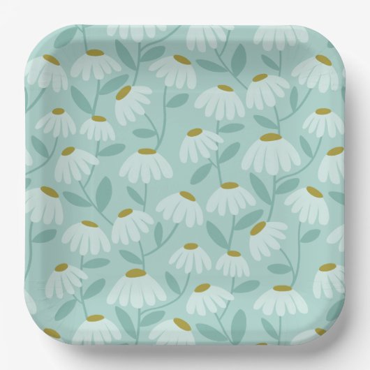 Blumen-Daisy-Muster Teal Blau & Olivgrün Pappteller (Vorderseite)