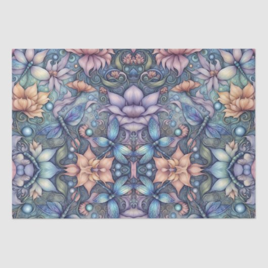 Blumen Damask Blue Gold Seidenpapier (Vorderseite)
