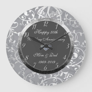 Blumen Damast Diamant 50. Hochzeitstag Große Wanduhr